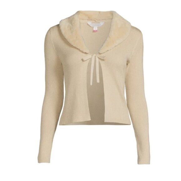 Faux Fur Collar Cardigan Sweater Women Large 11-13 Beige Removable Collar - Picture 7 of 7